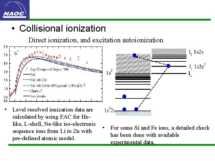  • Collisional ionization Direct ionization, and excitation autoionization • Level resolved ionization data