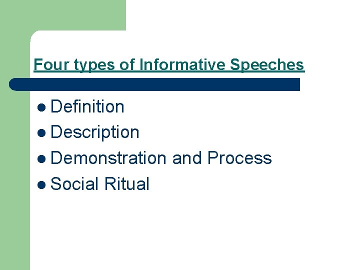 Four types of Informative Speeches l Definition l Description l Demonstration l Social Ritual