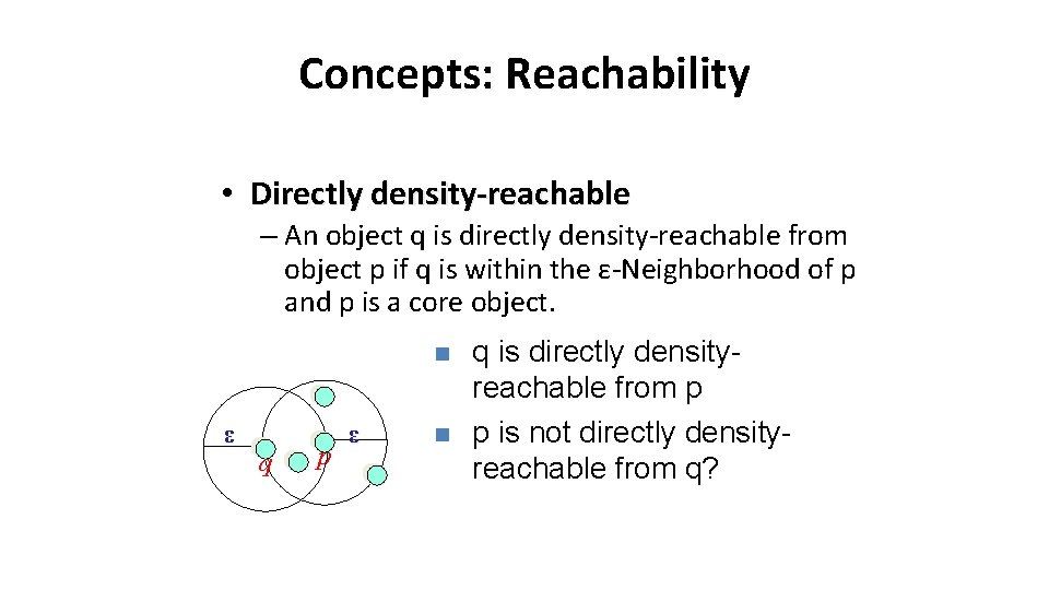 Concepts: Reachability • Directly density-reachable – An object q is directly density-reachable from object