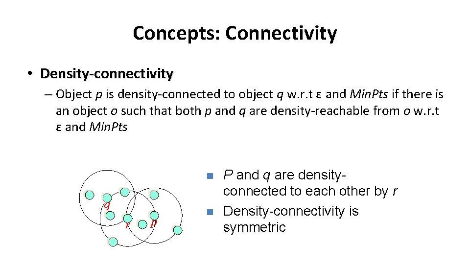 Concepts: Connectivity • Density-connectivity – Object p is density-connected to object q w. r.