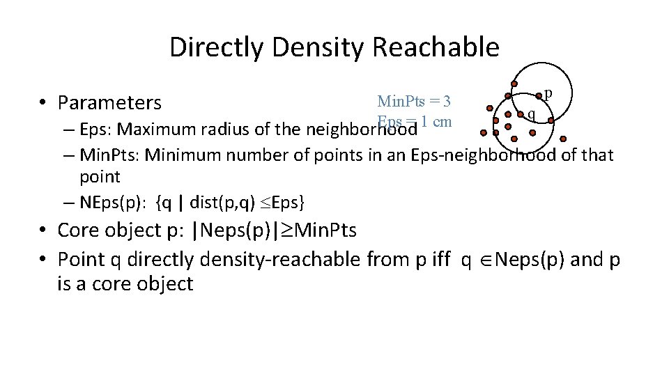 Directly Density Reachable • Parameters Min. Pts = 3 Eps = 1 cm p