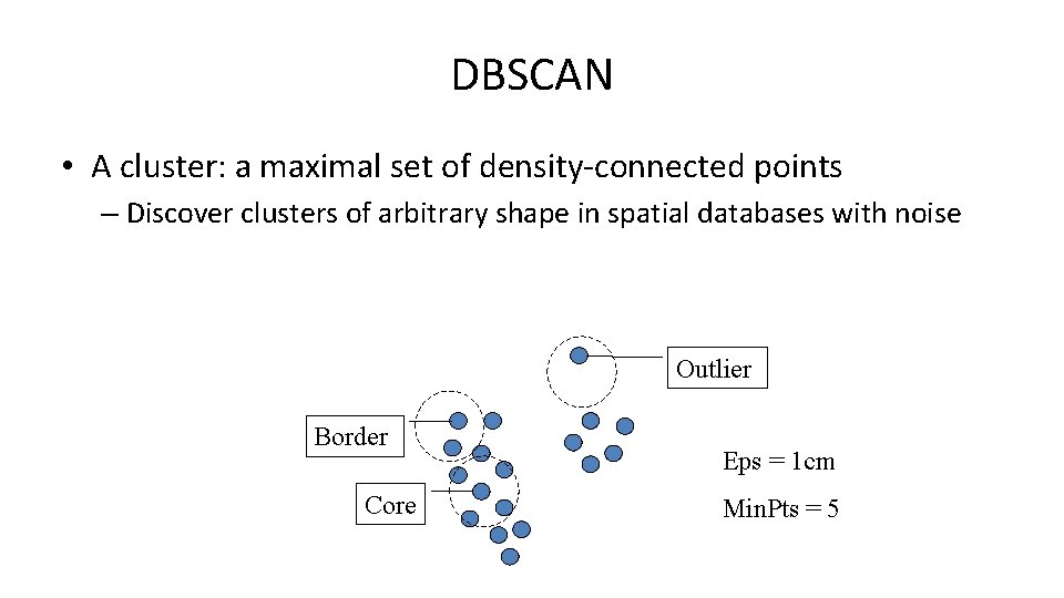 DBSCAN • A cluster: a maximal set of density-connected points – Discover clusters of