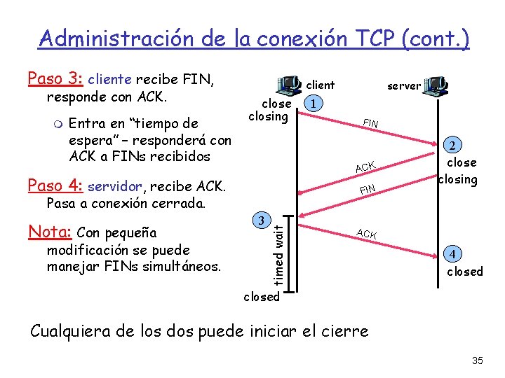 Administración de la conexión TCP (cont. ) Paso 3: cliente recibe FIN, responde con