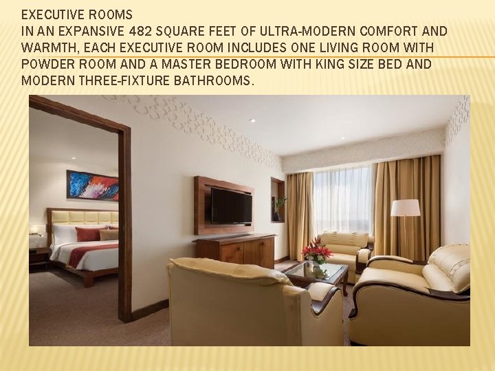 EXECUTIVE ROOMS IN AN EXPANSIVE 482 SQUARE FEET OF ULTRA-MODERN COMFORT AND WARMTH, EACH
