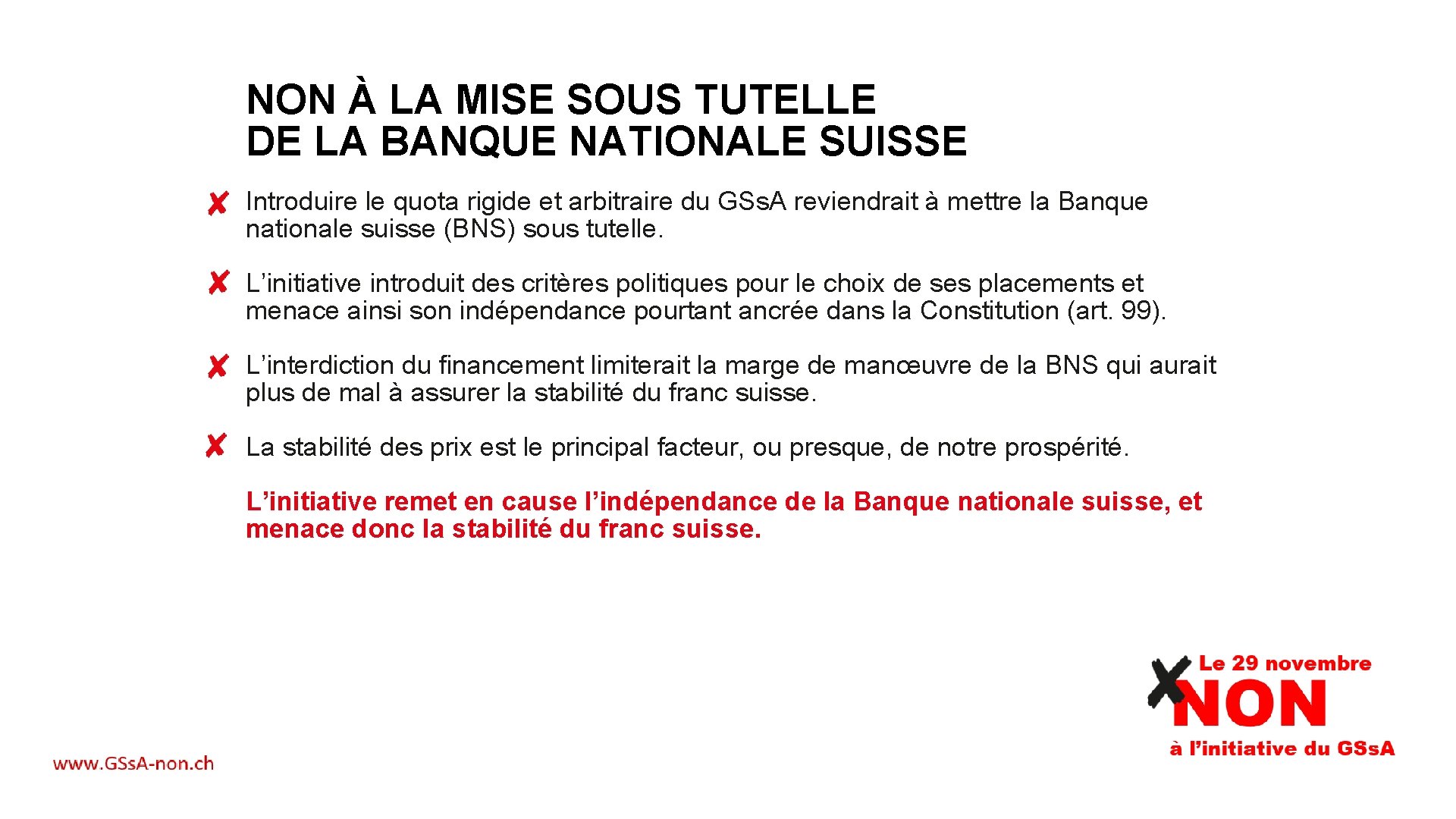 NON À LA MISE SOUS TUTELLE DE LA BANQUE NATIONALE SUISSE Introduire le quota