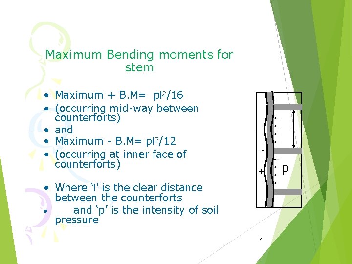 Maximum Bending moments for stem • Maximum + B. M= pl 2/16 • (occurring