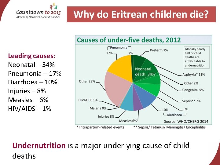 Why do Eritrean children die? Leading causes: Neonatal – 34% Pneumonia – 17% Diarrhoea