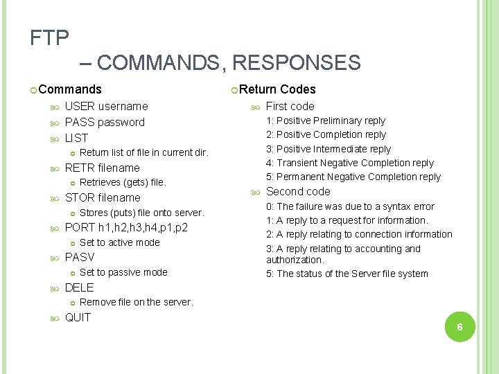 FTP – COMMANDS, RESPONSES Commands USER username PASS password LIST Set to passive mode