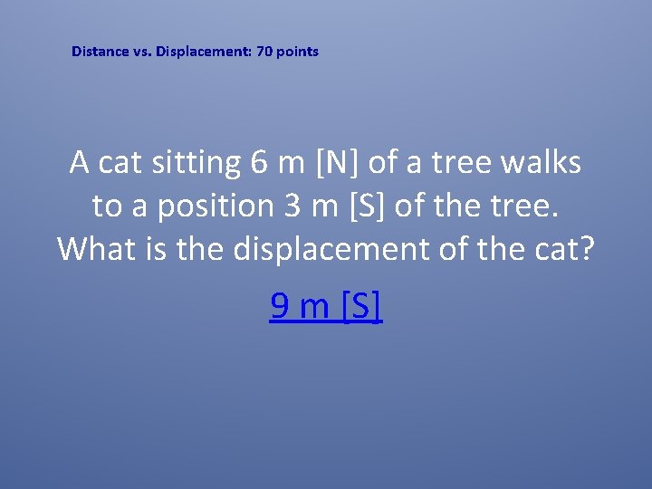 Distance vs. Displacement: 70 points A cat sitting 6 m [N] of a tree