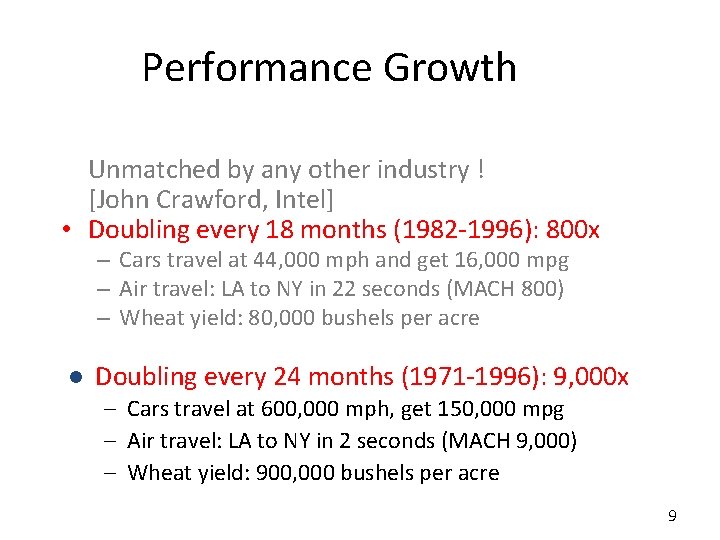 Performance Growth Unmatched by any other industry ! [John Crawford, Intel] • Doubling every