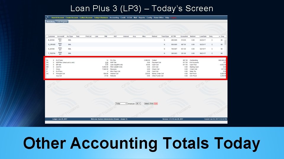 Loan Plus 3 (LP 3) – Today’s Screen Other Accounting Totals Today 