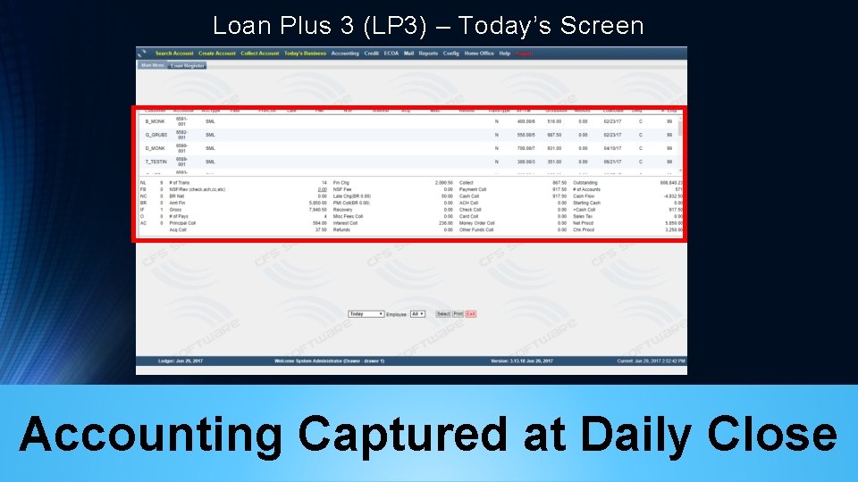 Loan Plus 3 (LP 3) – Today’s Screen Accounting Captured at Daily Close 
