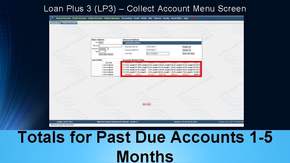 Loan Plus 3 (LP 3) – Collect Account Menu Screen Totals for Past Due