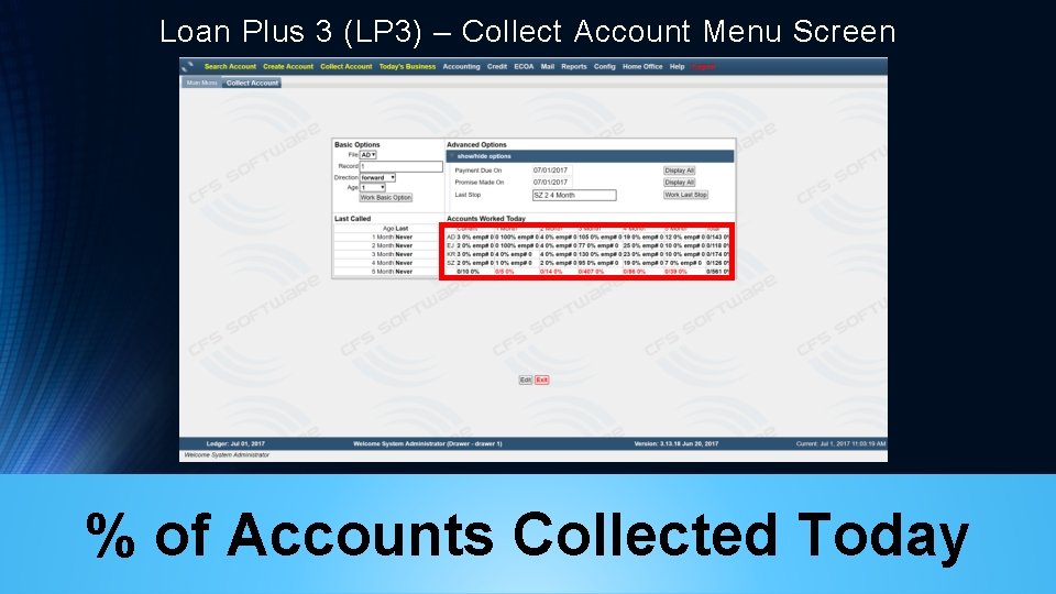 Loan Plus 3 (LP 3) – Collect Account Menu Screen % of Accounts Collected