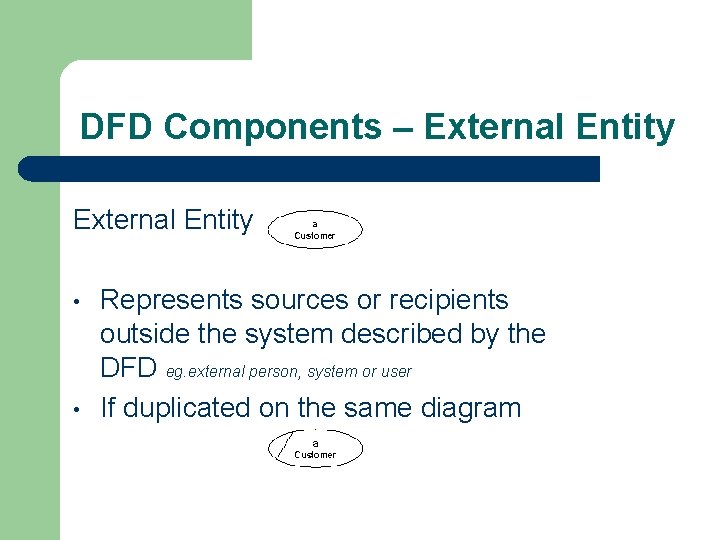 DFD Components – External Entity • • Represents sources or recipients outside the system