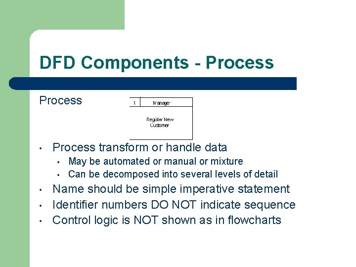 DFD Components - Process • Process transform or handle data • • • May