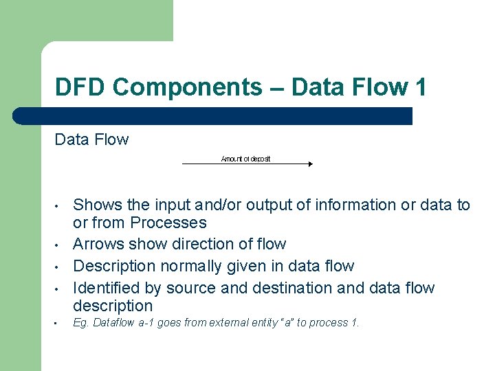 DFD Components – Data Flow 1 Data Flow • • • Shows the input