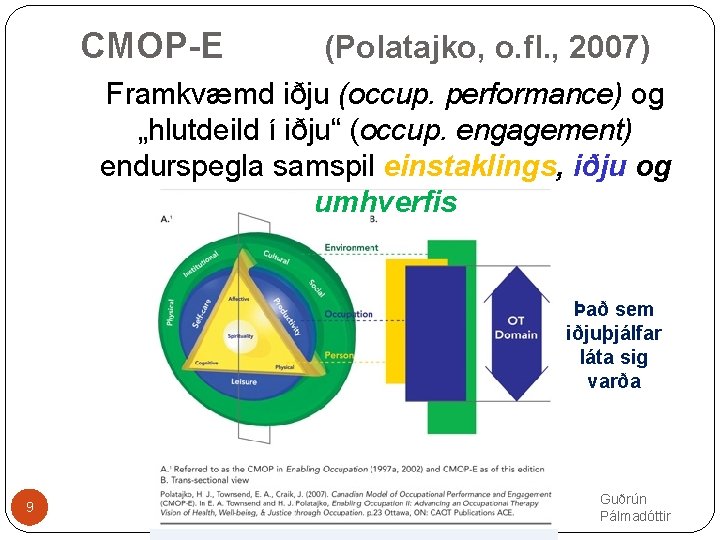 CMOP-E (Polatajko, o. fl. , 2007) Framkvæmd iðju (occup. performance) og „hlutdeild í iðju“