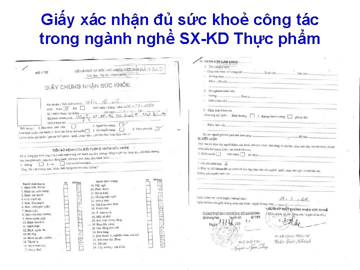 Giấy xác nhận đủ sức khoẻ công tác trong ngành nghề SX-KD Thực phẩm