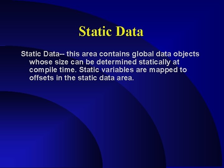 Static Data-- this area contains global data objects whose size can be determined statically