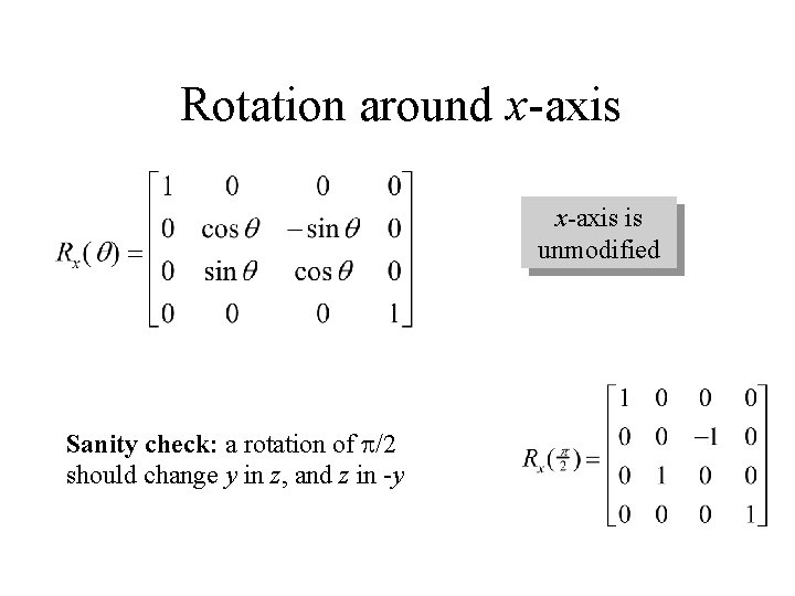 Rotation around x-axis is unmodified Sanity check: a rotation of p/2 should change y