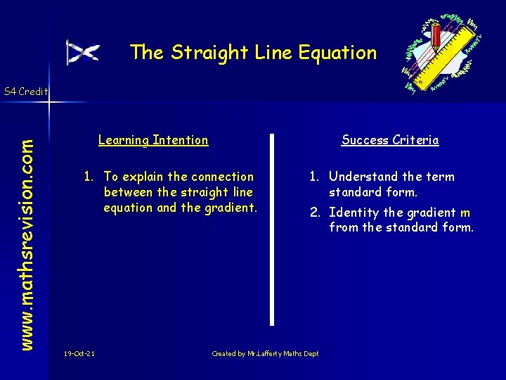 The Straight Line Equation www. mathsrevision. com S 4 Credit Learning Intention Success Criteria