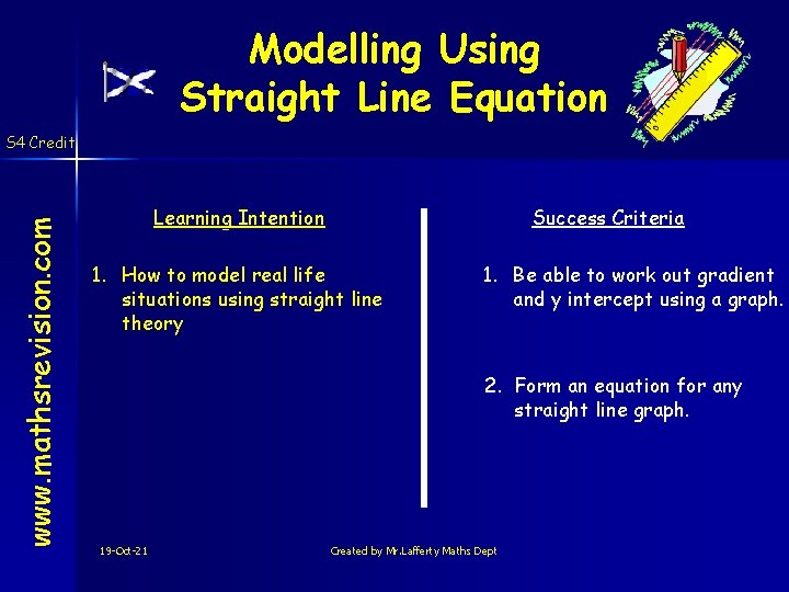 Modelling Using Straight Line Equation www. mathsrevision. com S 4 Credit Learning Intention Success