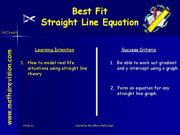 Best Fit Straight Line Equation www. mathsrevision. com S 4 Credit Learning Intention Success