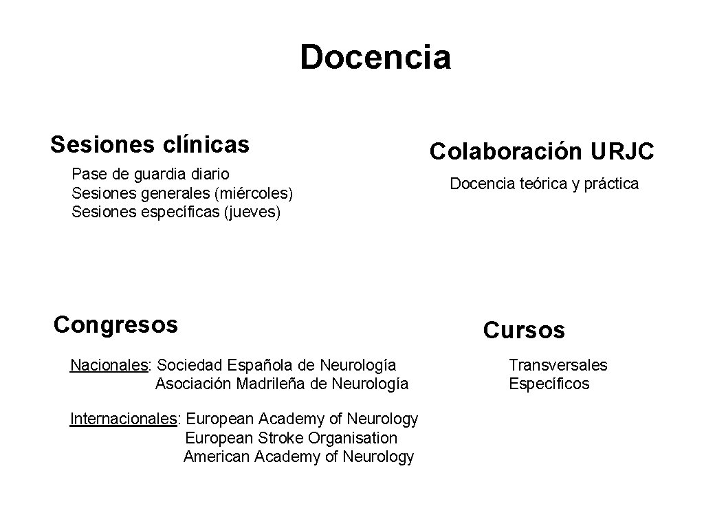 Docencia Sesiones clínicas Pase de guardia diario Sesiones generales (miércoles) Sesiones específicas (jueves) Congresos