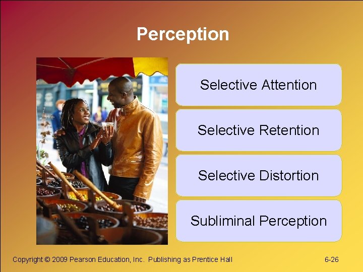 Perception Selective Attention Selective Retention Selective Distortion Subliminal Perception Copyright © 2009 Pearson Education,