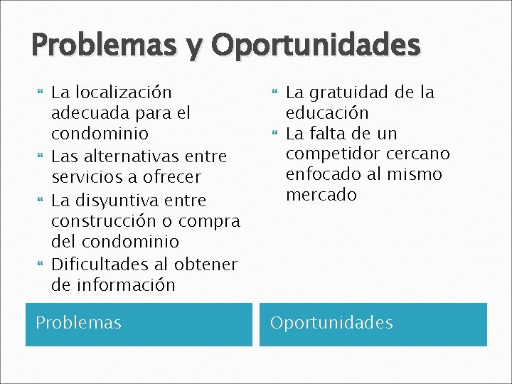 Problemas y Oportunidades La localización adecuada para el condominio Las alternativas entre servicios a