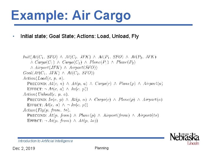 Example: Air Cargo • Initial state; Goal State; Actions: Load, Unload, Fly Introduction to