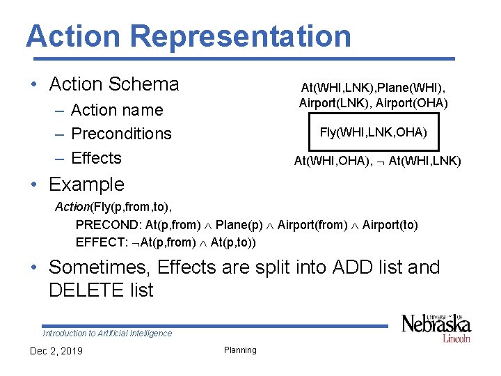 Action Representation • Action Schema At(WHI, LNK), Plane(WHI), Airport(LNK), Airport(OHA) – Action name –