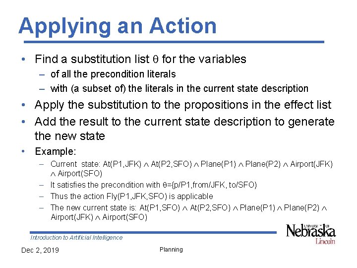 Applying an Action • Find a substitution list for the variables – of all