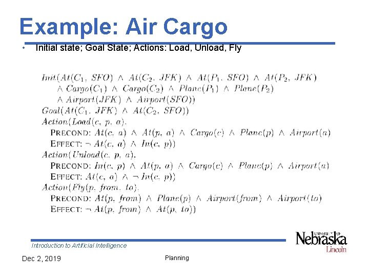 Example: Air Cargo • Initial state; Goal State; Actions: Load, Unload, Fly Introduction to