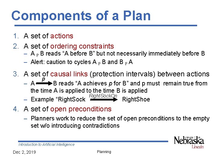 Components of a Plan 1. A set of actions 2. A set of ordering