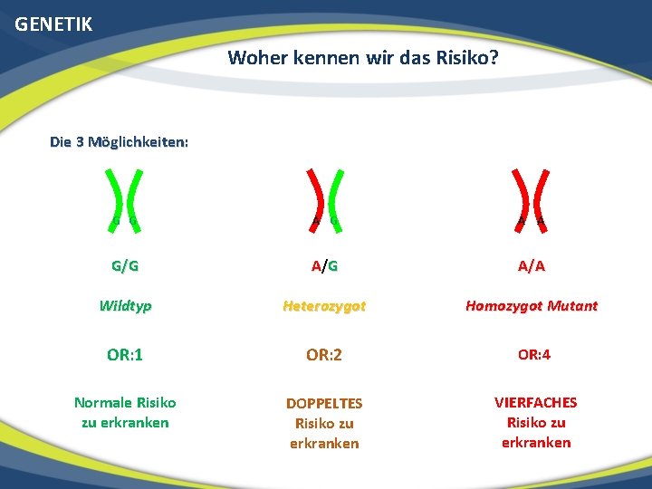 GENETIK Woher kennen wir das Risiko? Die 3 Möglichkeiten: G G A A G/G