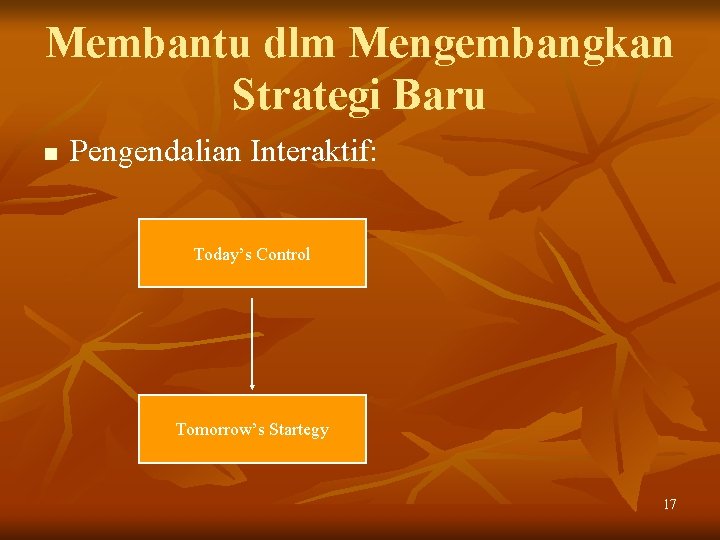 Membantu dlm Mengembangkan Strategi Baru n Pengendalian Interaktif: Today’s Control Tomorrow’s Startegy 17 