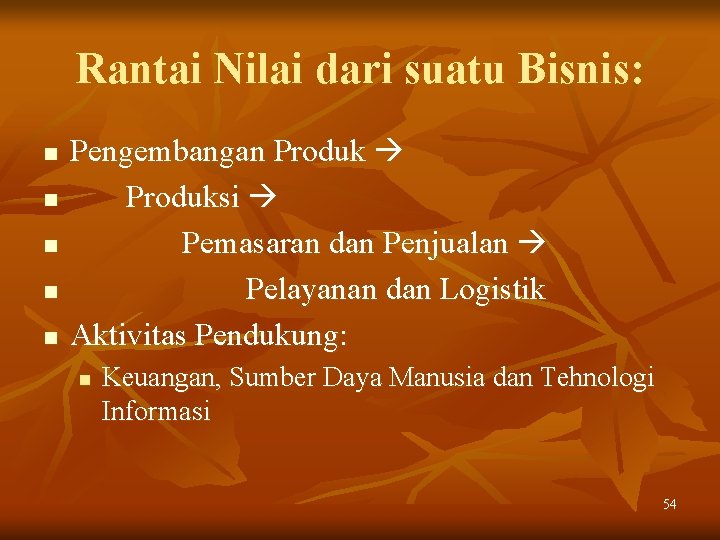 Rantai Nilai dari suatu Bisnis: n n n Pengembangan Produksi Pemasaran dan Penjualan Pelayanan Rantai Nilai dari suatu Bisnis: n n n Pengembangan Produksi Pemasaran dan Penjualan Pelayanan