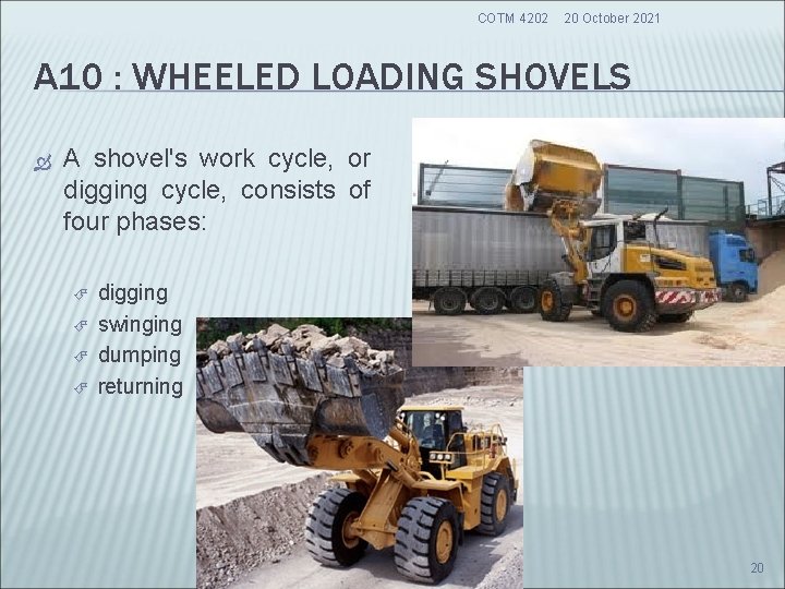 COTM 4202 20 October 2021 A 10 : WHEELED LOADING SHOVELS A shovel's work COTM 4202 20 October 2021 A 10 : WHEELED LOADING SHOVELS A shovel's work