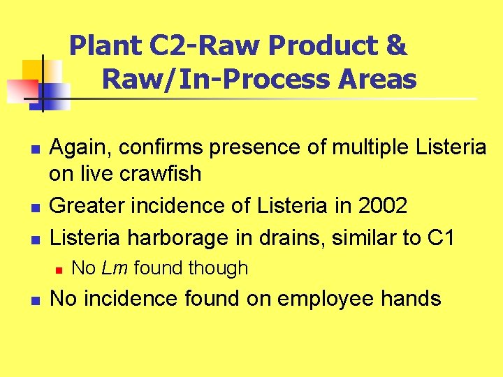 Plant C 2 -Raw Product & Raw/In-Process Areas n n n Again, confirms presence Plant C 2 -Raw Product & Raw/In-Process Areas n n n Again, confirms presence