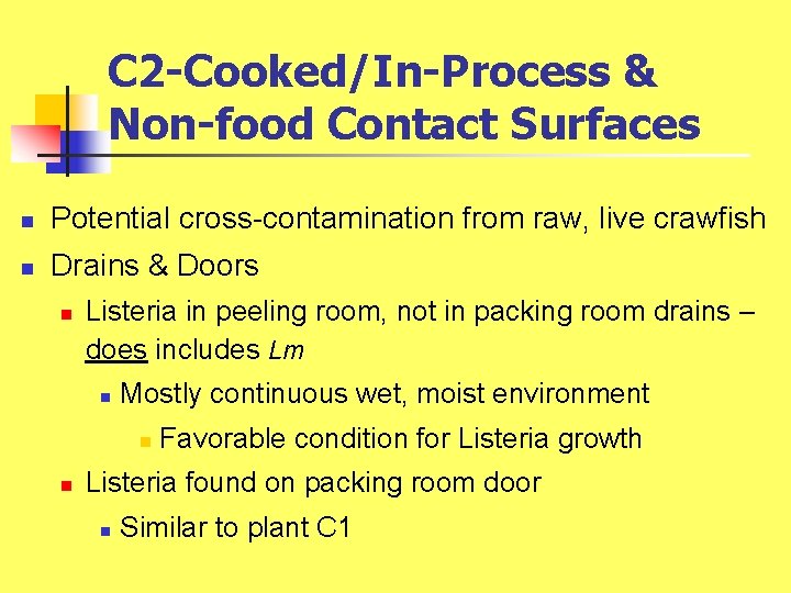 C 2 -Cooked/In-Process & Non-food Contact Surfaces n Potential cross-contamination from raw, live crawfish C 2 -Cooked/In-Process & Non-food Contact Surfaces n Potential cross-contamination from raw, live crawfish