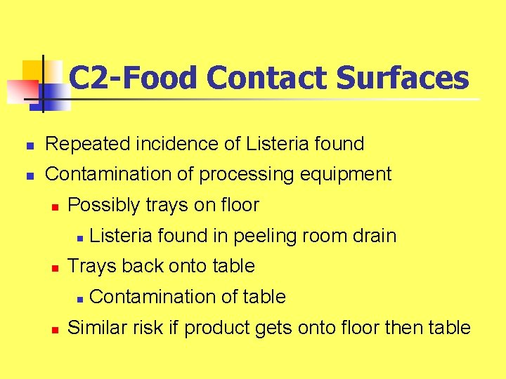 C 2 -Food Contact Surfaces n Repeated incidence of Listeria found n Contamination of C 2 -Food Contact Surfaces n Repeated incidence of Listeria found n Contamination of