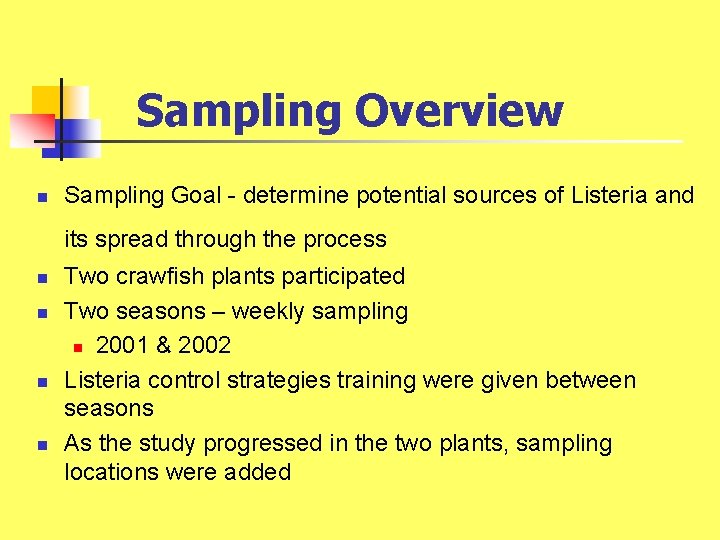 Sampling Overview n Sampling Goal - determine potential sources of Listeria and its spread Sampling Overview n Sampling Goal - determine potential sources of Listeria and its spread