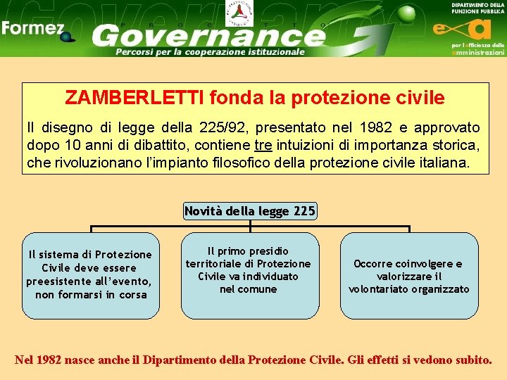 ZAMBERLETTI fonda la protezione civile Il disegno di legge della 225/92, presentato nel 1982