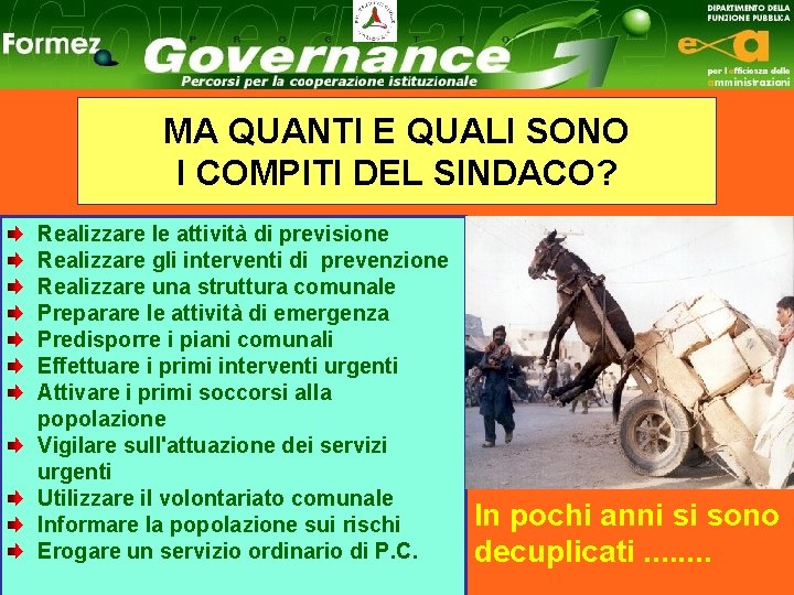 MA QUANTI E QUALI SONO I COMPITI DEL SINDACO? Realizzare le attività di previsione