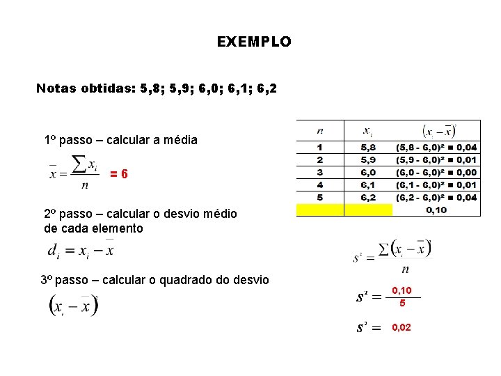 EXEMPLO Notas obtidas: 5, 8; 5, 9; 6, 0; 6, 1; 6, 2 1º