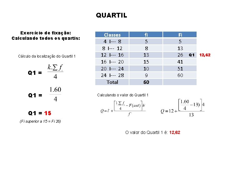 QUARTIL Exercício de fixação: Calculando todos os quartis: Cálculo da localização do Quartil 1