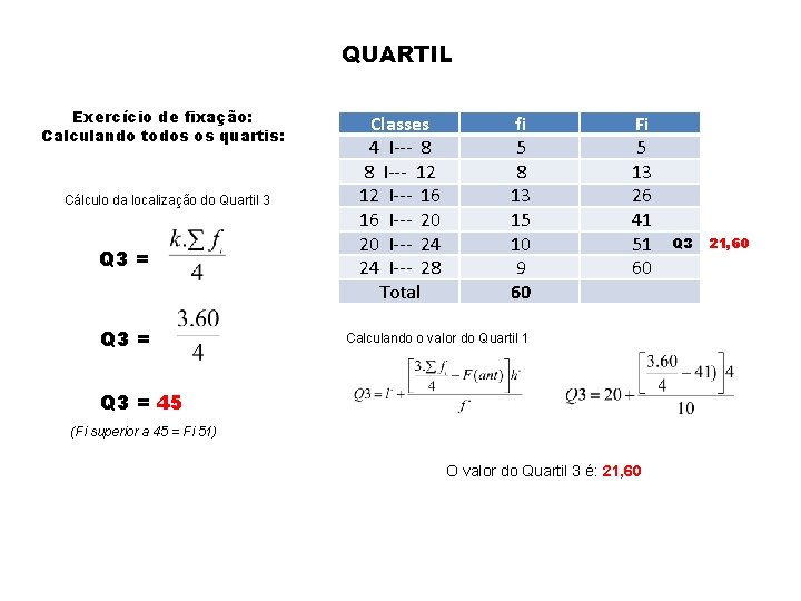 QUARTIL Exercício de fixação: Calculando todos os quartis: Cálculo da localização do Quartil 3
