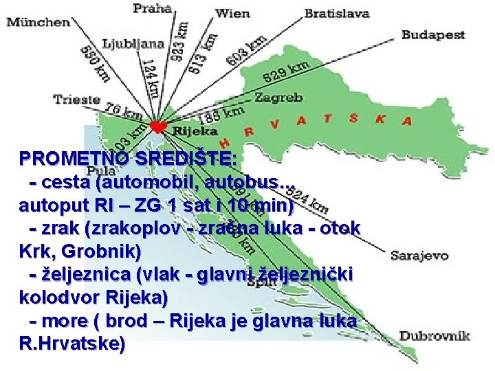 PROMETNO SREDIŠTE: - cesta (automobil, autobus. . . autoput RI – ZG 1 sat